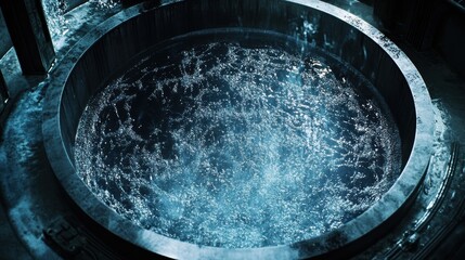 Fototapeta premium A closeup of a large mixing vat where liquid byproducts from manufacturing processes are blended preparing them for treatment and reuse in creating new materials.