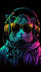 Cool Neon Party, DJ Hamster in Headphones and Sunglasses on Black Background. Music. Poster