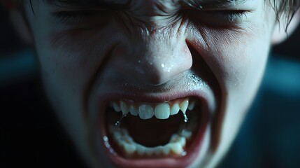 A person with their teeth clenched tightly, their eyes squeezed shut, tears forcing their way out, the tension in their jawline highlighted by dramatic lighting