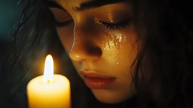A person s face half-lit by the dim glow of a single candle, their expression of sorrow highlighted by the flickering shadows, tears glistening in the light