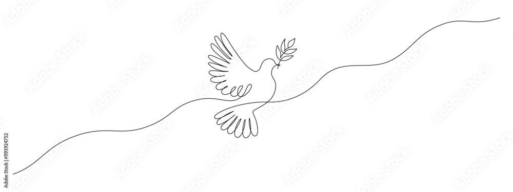 Fototapete White dove in one continuous line drawing. Bird symbol of peace and freedom in simple linear style. Concept for wedding invitation icon. Editable stroke. Doodle oneline vector illustration