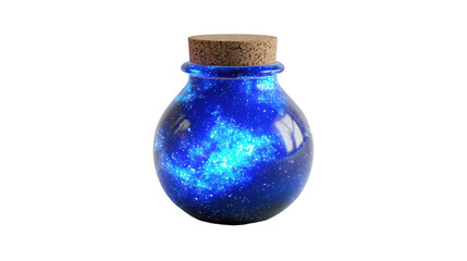 A glass jar filled with a glowing blue substance, resembling a galaxy, sealed with a cork. It evokes a sense of wonder and imagination.