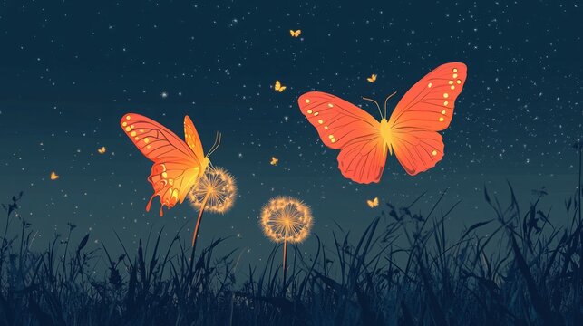 Fototapeta Two glowing butterflies flutter near dandelion wishes under a starry night sky.