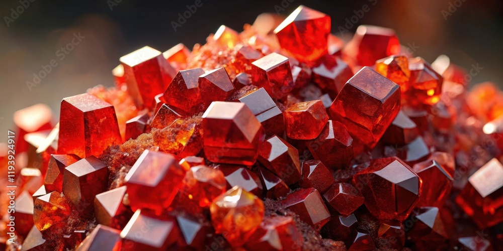 Poster close-up view of a vibrant red crystalline cluster showcasing multifaceted geometric shapes and bril