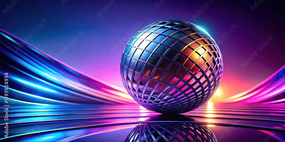 Aufkleber abstract metallic sphere on vibrant neon surface with dynamic swirls