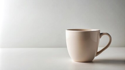 Obraz premium A single, empty, light beige ceramic mug sits on a white surface against a bright background.