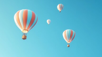 Fototapeta premium Pastel-colored hot air balloons drift peacefully against a clear blue sky. Serenity and adventure.