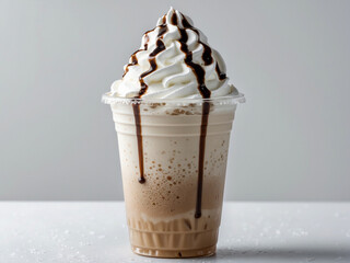 Frosty iced coffee frappe in a clear plastic cup, topped with whipped cream and chocolate drizzle, on a clean white background.