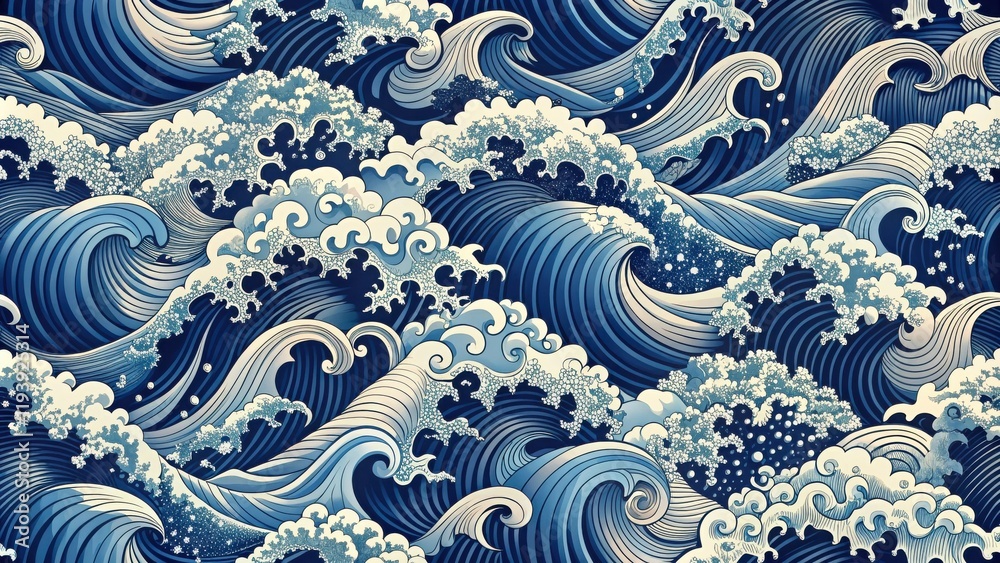Poster Intricate Blue Wave Pattern  Oceanic Swirls and Foam Design