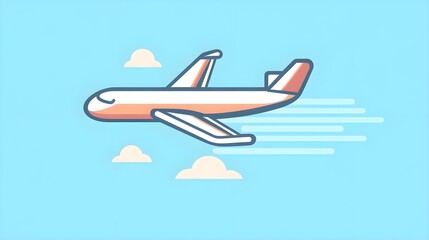 Dynamic Airplane Icon Depicted in Motion with Streamlined Design Against Clear Blue Sky and Soft Cloud Background