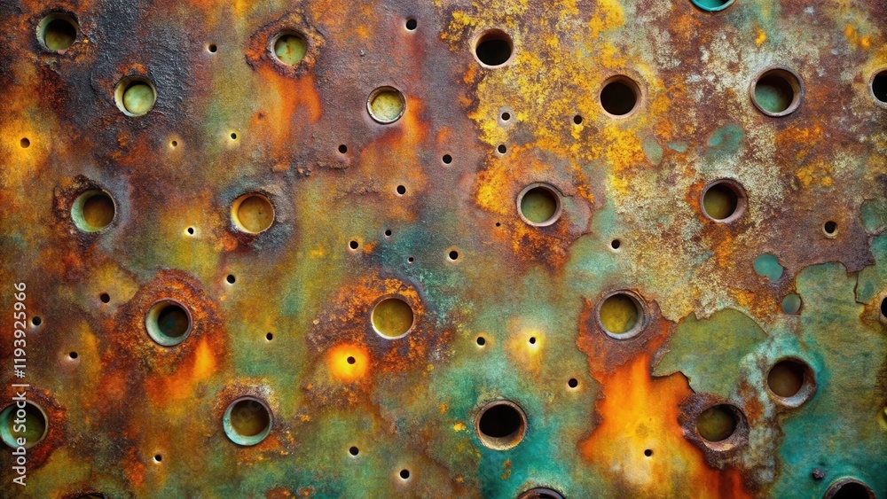 Poster abstract rusted metal plate with circular perforations and multicolored patina
