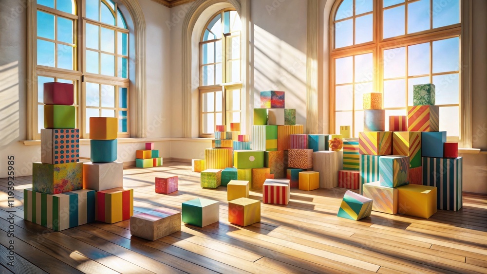Poster brightly colored blocks scattered across a sunlit hardwood floor in a room with large windows