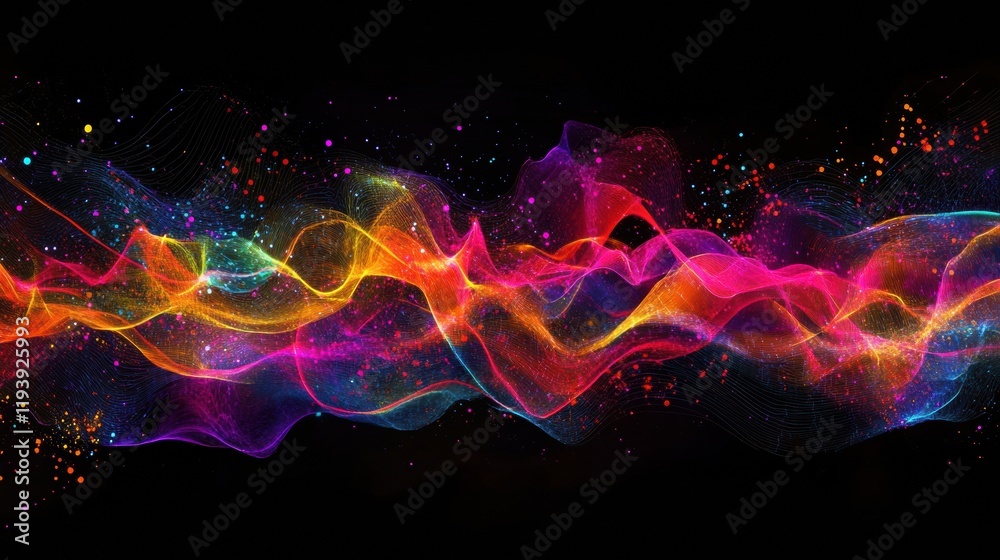 Poster Vibrant energy flows create dynamic communication and data exchange visuals in a dark backdrop. Generative AI