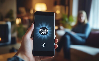 Close up of a hand holding a smartphone with screen that reads POWER OFF and woman sitting in background on couch screen time limit concept