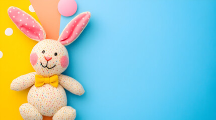 Obraz premium un fondo colorido con espacio de copia vacio con un conejo adorable de peluche como decoracion juguetes infantiles para diseño o tarjeta decorativa con concepto de pascua