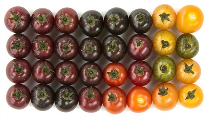 Colorful cherry tomatoes arranged, food photography, white background, healthy eating