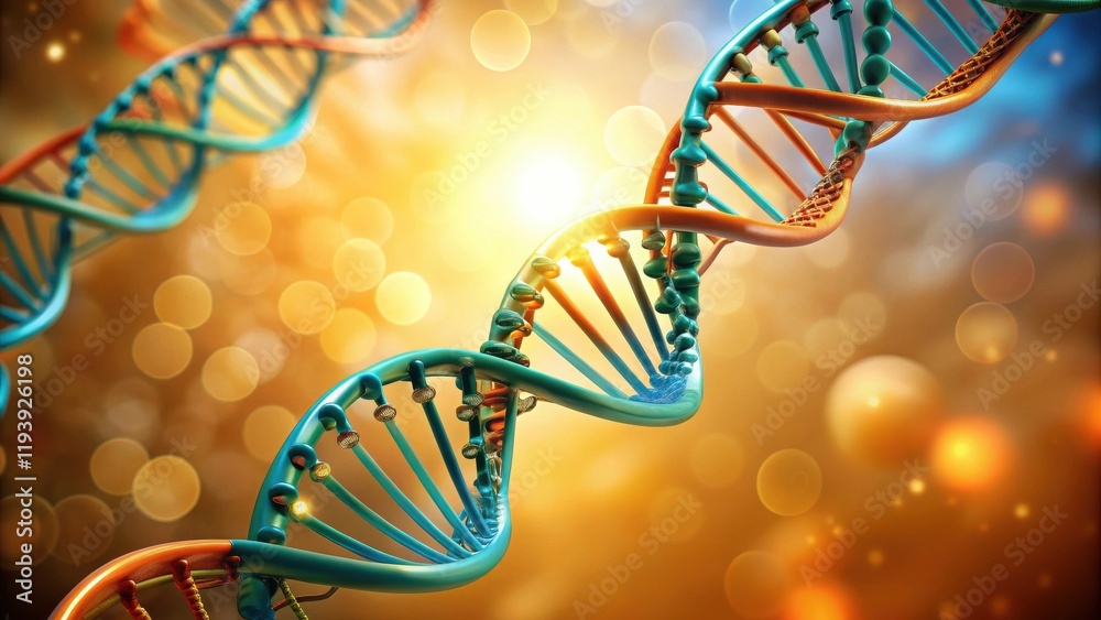 Poster a vibrant double helix dna strand against a bokeh background, illustrating the complexity of genetic