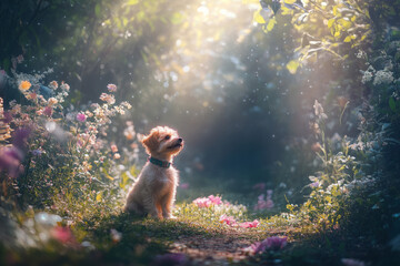 Adorable serene puppy in glowing heavenly sunlight delicate enchanted woodland flower landscape mystical magical healing fairyland ambience spiritual environment copy space nature afterlife pet heaven