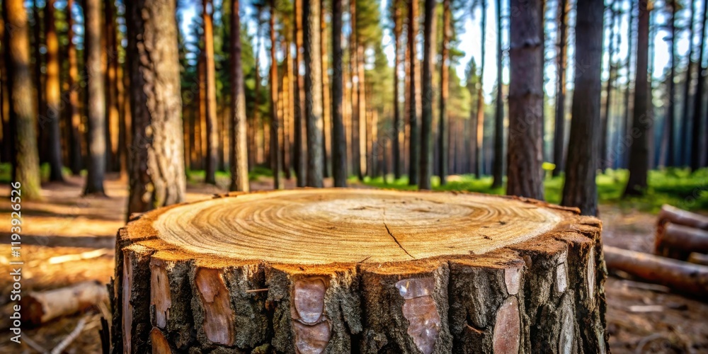 Poster sunlit tree stump in a forest of tall pines