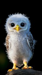 Fototapeta premium Adorable Baby Owl Fluffy White Owlet on Black Background