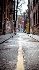 Fototapeta premium Urban Alleyway Graffiti Art City Street Brick Buildings Empty Road Winter Scene