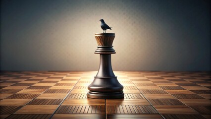 A solitary bird perched atop a king chess piece on a wooden board, a symbolic representation of power and unexpected observation