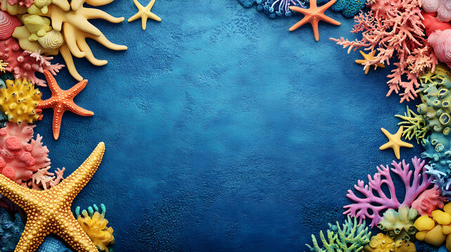 un fondo azul efecto agua con espacio de copia con elementos decorativos del mar con estrellas de mar con corales y esponjas marinas concepto acuatico marino