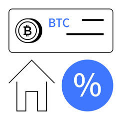 Bitcoin logo in a rectangle with BTC label, house outline, and percentage sign in blue circle. Ideal for finance, real estate, cryptocurrency, investment, loans, digital currency modern economy