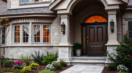 Fototapeta premium Luxury Home Exterior: Elegant Stone Facade and Landscaped Entrance. Modern Architecture meets Classic Design in this stunning residential property.