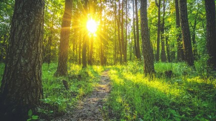 Obraz premium Sunlit Forest Path Nature Trail Green Trees Summer Sunlight Peaceful Scenery