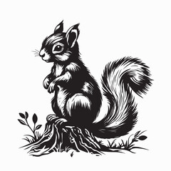 Cute Squirrel with Fluffy Tail Standing on a Tree Stump Vector Illustration.