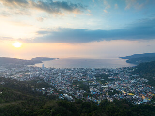 Obraz premium Amazing light sunset or sunrise sky over Phuket island Thailand ,Aerial view nature landscape