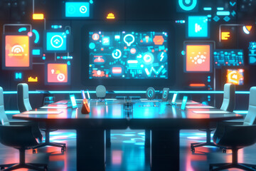 Fototapeta premium Futuristic conference meeting room analyzing global data digital network connection and international communication. 