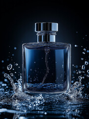Aquatic Fragrance: A captivating image of a men's cologne bottle submerged in water, creating a dynamic splash and highlighting the fragrance's refreshing and aquatic notes.