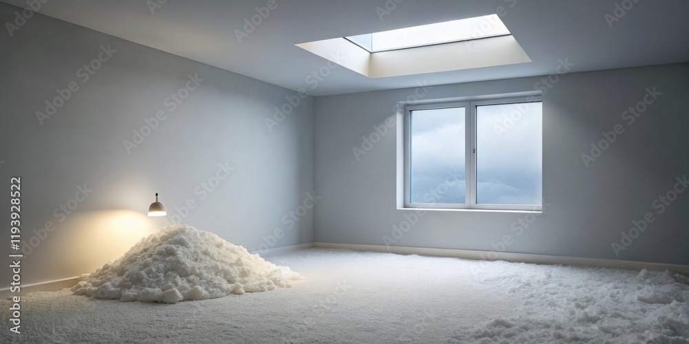Aufkleber Serene minimalist room interior with a pile of fluffy material and a single illuminated lamp