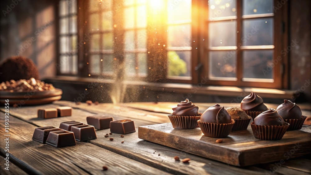 Poster rustic wooden table setting with assorted dark chocolate treats and cocoa powder in sunlit room