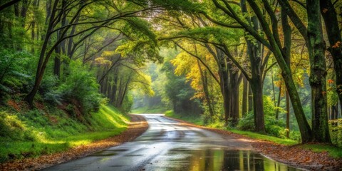 Fototapeta premium Serene woodland road glistening after a gentle rain shower, sunlight filtering through leaves