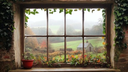 Serene Countryside View Through a Rustic Window