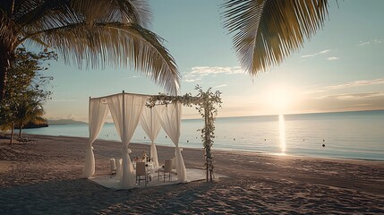 Romantic beach sunset dinner, tropical gazebo, ocean view, wedding proposal