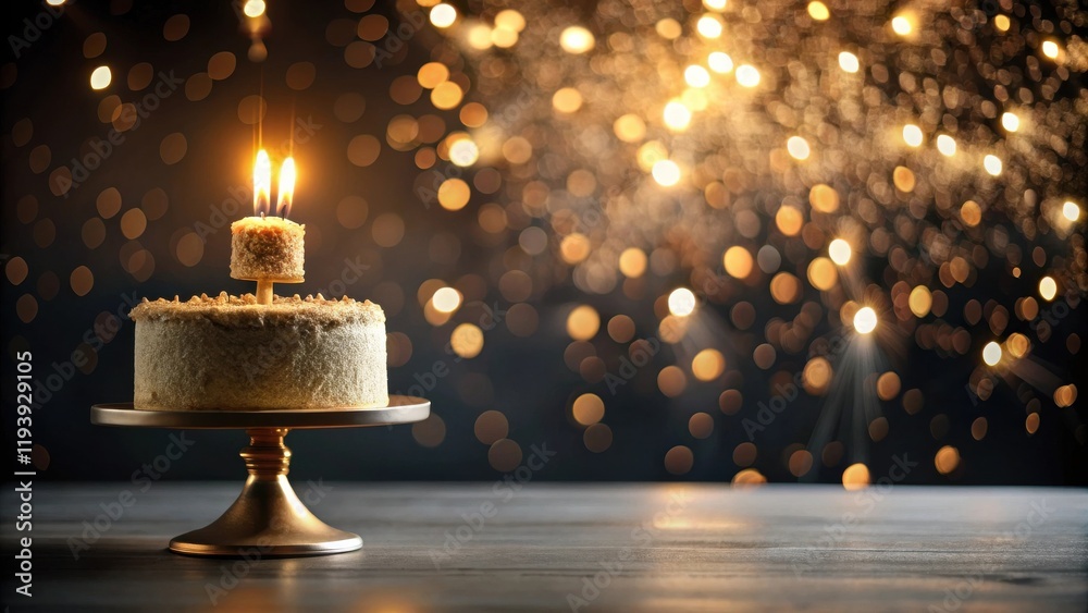 Poster a celebratory cake with two lit candles on a golden stand against a shimmering bokeh background