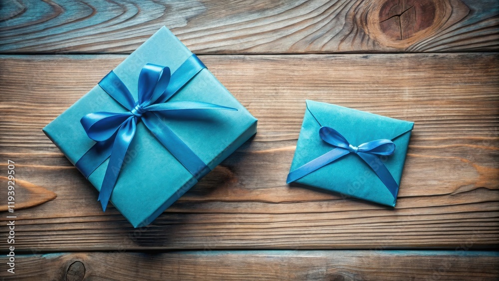 Poster a teal gift box with a blue ribbon and a smaller teal envelope with a matching ribbon, arranged on a