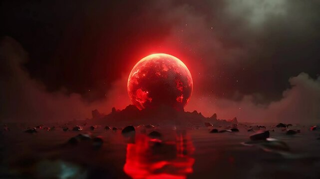 A surreal landscape featuring a glowing red moon above a dark, rocky terrain reflecting in water.