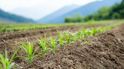 A close-up view of young plants growing in a field with mountains in the background.