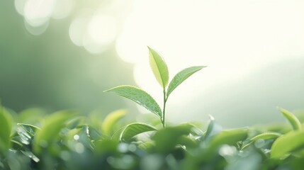 Naklejka premium A fresh green tea leaf emerging from a lush backdrop, symbolizing growth and renewal.