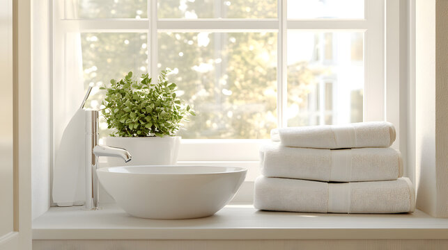 un cuarto de ba&ntilde;o limpio acogedor y agradable dise&ntilde;o de interiores con toallas dobladas junto al lavabo y plantas decorativas junto a un ventanal