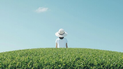 A person in a white hat stands in a green field under a clear blue sky.