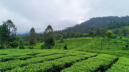 Lush green tea plantation with rolling hills and cloudy sky.