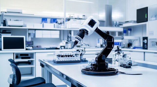A robot conducting automated research and analysis in a clean, high-tech oceanography lab with advanced imaging systems and organized research equipment, Oceanography tech style