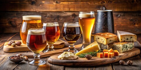 An assortment of craft beers and artisanal cheeses arranged on a rustic wooden board for a delightful tasting experience.