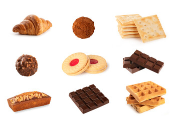 Various sweet and dessert collection. croissant, , chocolate ball, banana cake and waffle isolated on white background.